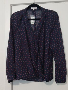 Maurices Navy Blue Long-Sleeve Floral Wrap Blouse
